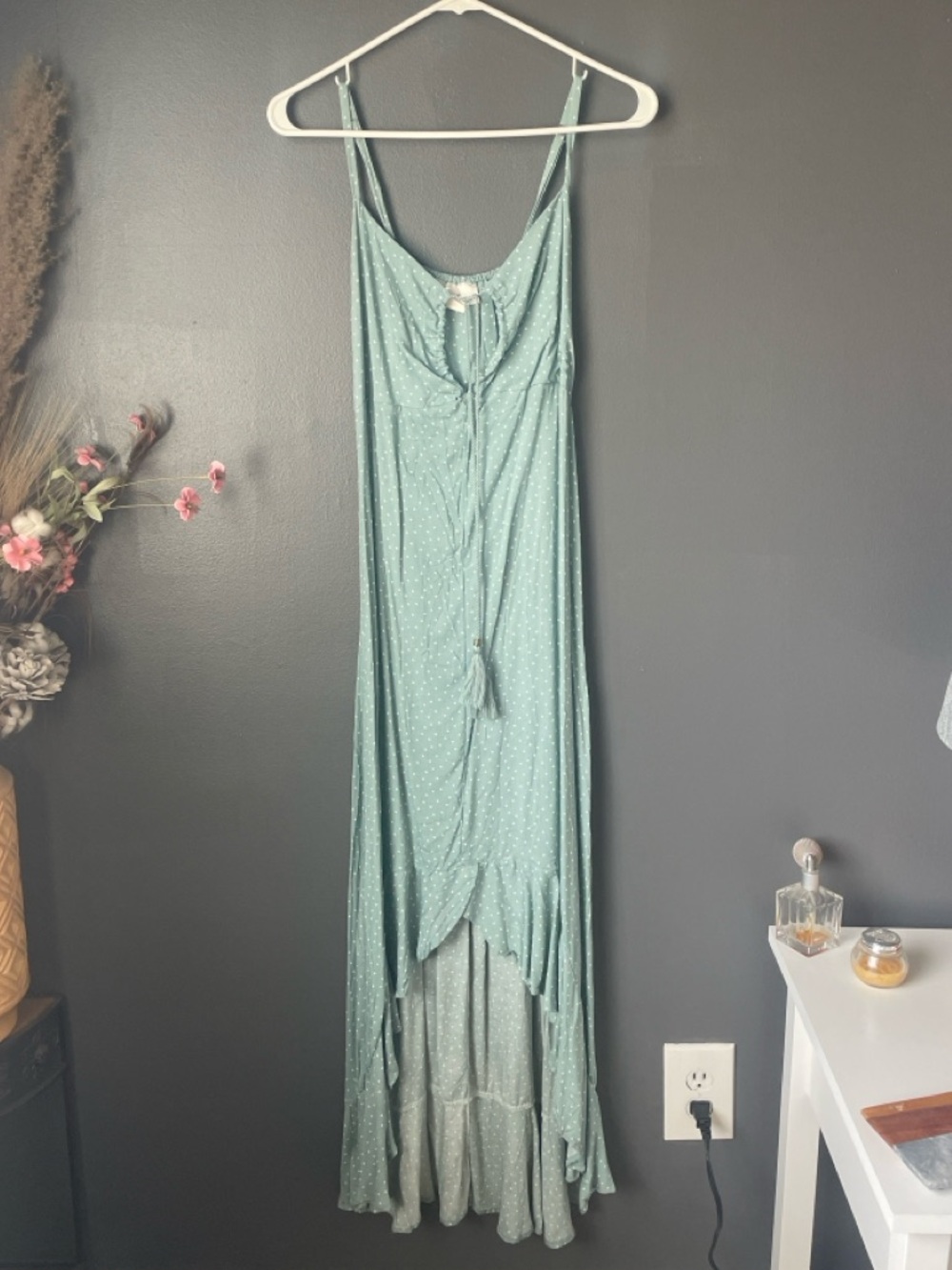 Sugar & Cream Sage Green Polka Dot Maxi Dress Boho Tie Front Ruffle Hem Size S